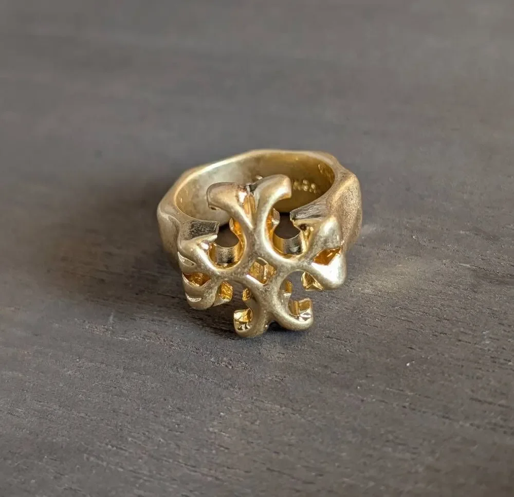 TORY BURCH Roxanne Gold Double T Logo Statement Ring Size 7